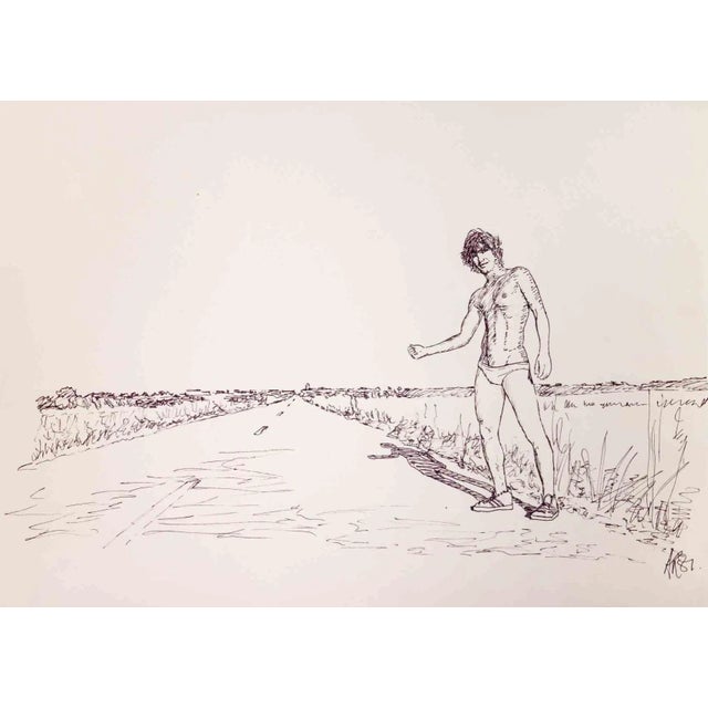 Anthony Roaland, Man on the Road, Original Pen Drawing, 1981 For Sale