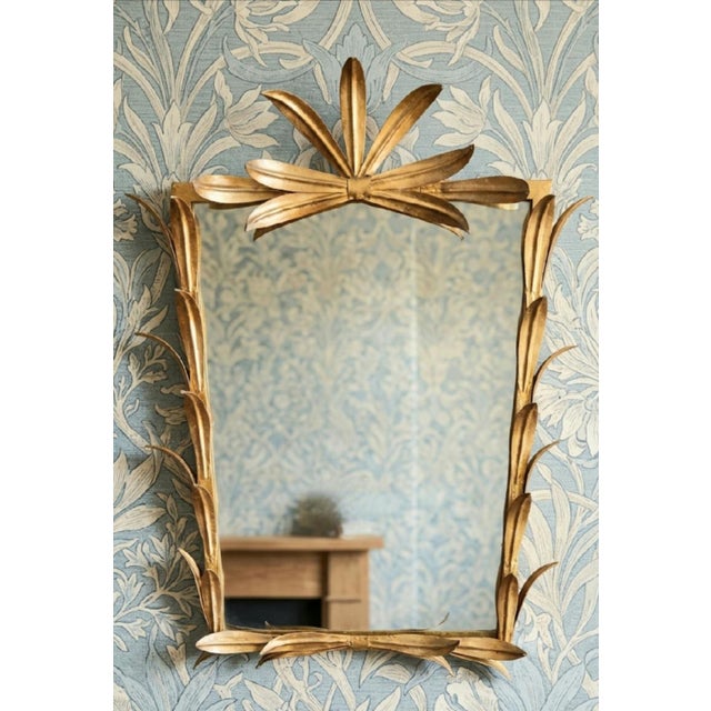 Vintage Hollywood Regency Hans Kogl Style Gold Gilt Metal Palm Frond Crystal Wall Mirror For Sale - Image 9 of 9