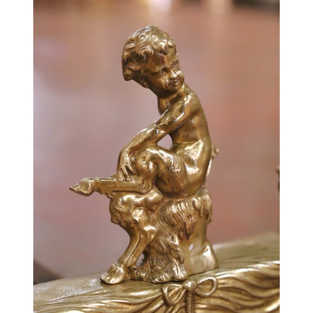 French Pair of 19th Century French Louis XVI Bronze Doré Andirons With Seated Putti For Sale - Image 3 of 9