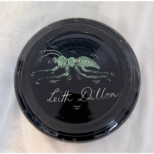 1970s Leith Dillon Signed Studio Pottery Bowl 5.5” Black Glaze Insect Folk Art For Sale - Image 4 of 6