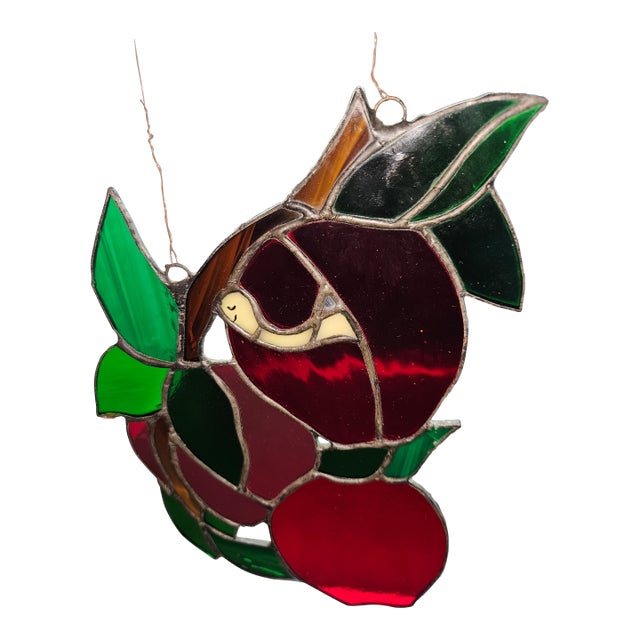 Vintage Handcrafted Apple-Themed Stained Glass Suncatcher Panel For Sale
