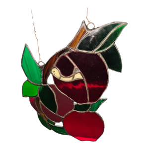 Vintage Handcrafted Apple-Themed Stained Glass Suncatcher Panel