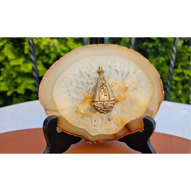 Metal Brass Figurine of Our Lady of Aparecida on Agate Base, 1950s For Sale - Image 7 of 7