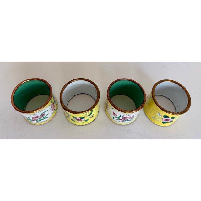 Chinoiserie Vintage Asian Chinoiserie Cloisonné Style Floral Enamel Napkin Rings - Set of 4 For Sale - Image 3 of 9