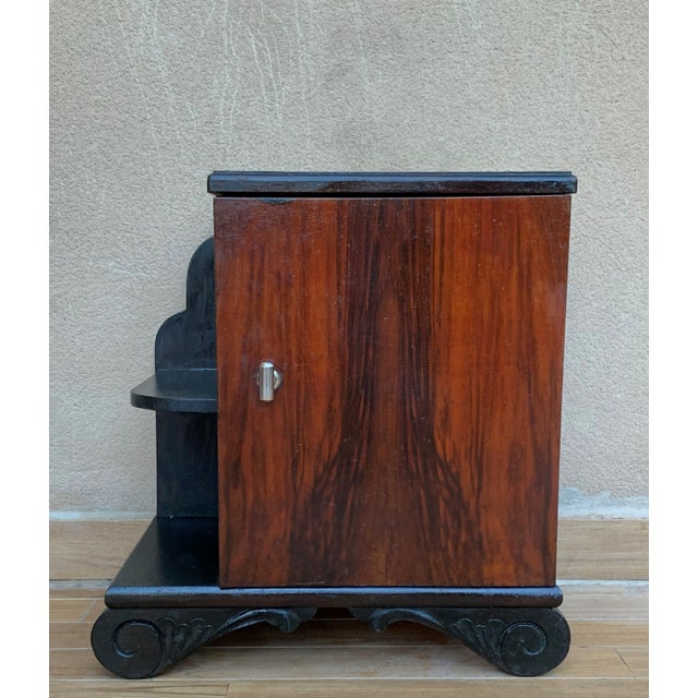 Wood Early 20th Century Pair of Art Deco Side Cabinets or Nightstands with Ebonized Base and Burl Walnut For Sale - Image 7 of 18