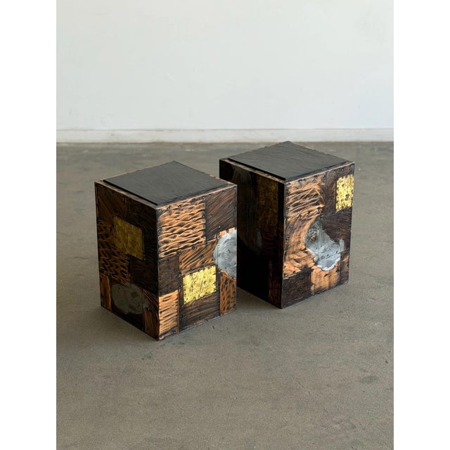 W13.25 D13.25 H18.25 Paul Evans Pair of Patchwork Occasional Tables Copper, pewter and bronze with original slate tops....