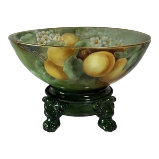 Antique Jean Pouyat Limoges Punch Bowl, Hand-Painted With Original Figural Stand, France For Sale