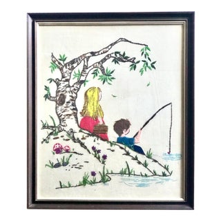 Vintage Mid-Century Needlepoint Bright Children’s Scene For Sale