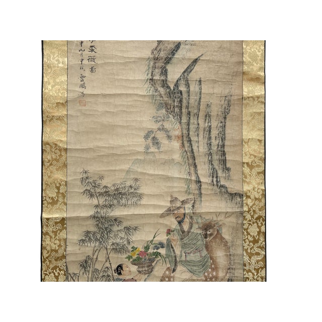 Chinese Ink Brush Kid Old Man Deer Scenery Scroll Painting Wall Art For Sale - Image 4 of 5