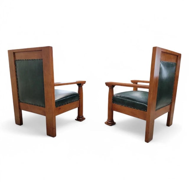 Traditional Antique Mission Arts & Crafts Chairs in Hunter Green Leather - Pair For Sale - Image 3 of 11