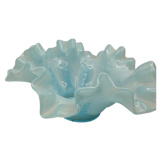 Vintage Blue Opalescent Glass Ruffled Bowl by Fenton For Sale In Birmingham - Image 6 of 12
