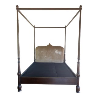 King 4 Poster Hardwood King Canopy Bed With Upholstered Velvet and Nailhead Trimmed Headboard For Sale