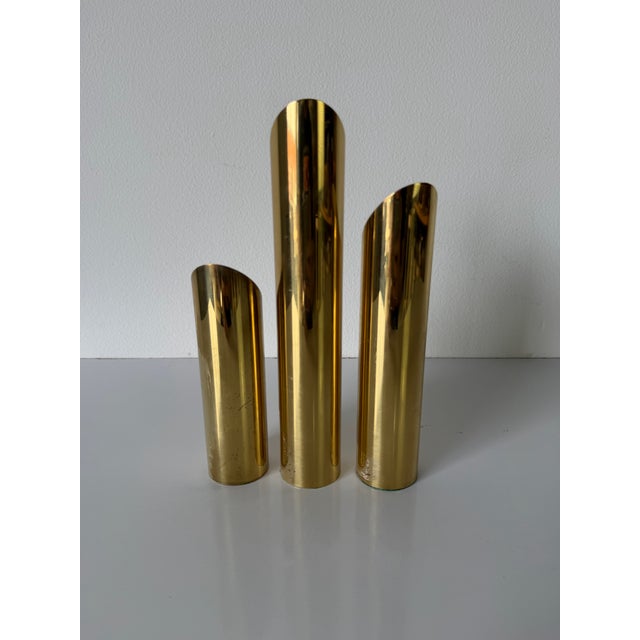 Mid Century Modern Danish Brass Cylinder Candle Holders – Set of 3 For Sale - Image 4 of 10