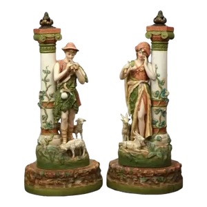 Antique Victorian Porcelain Figural Royal Dux Statues - Set of 2