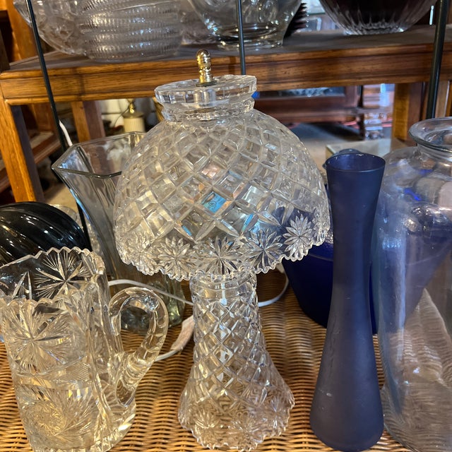 Vintage lead crystal table lamp featuring a distinctive diamond-cut pattern on both the base and the mushroom-shaped...