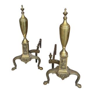 Pair of VIntage Brass Andirons in Regency Revival Style For Sale