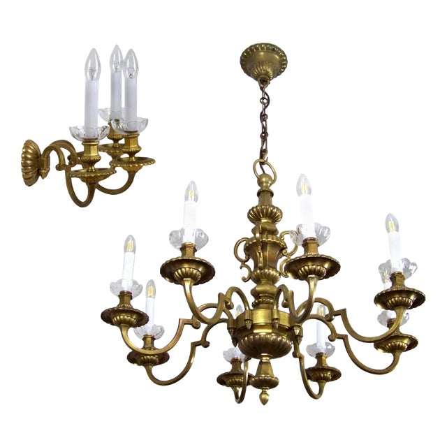 Brass Chandelier and Wall Light, 1900, Set of 2 For Sale