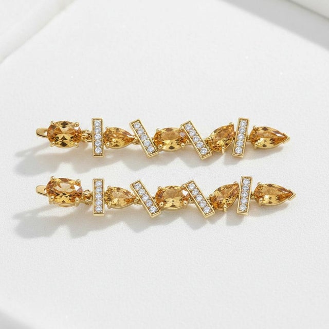 Modern Geometric Citrine Drop Earrings, Silver, Gold, Pair For Sale - Image 6 of 8