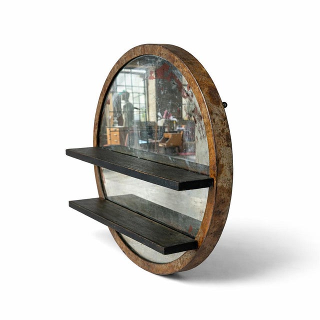 Industrial Large Industrial Circular Mirror with Shelves For Sale - Image 3 of 9