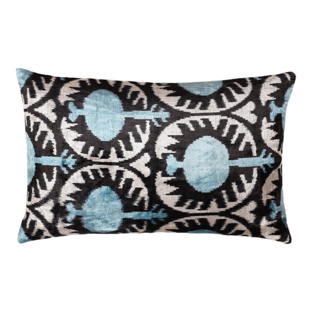 Handmade Aqua Blue Ikat Velvet Lumbar Pillow 16x24 | Soft Turquoise & Black Abstract For Sale