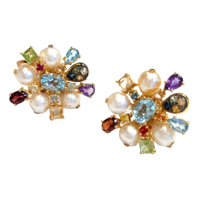 Bochic "Orient" Vintage Retro Multi Gem Burst Earrings Set 18K Gold & Silver For Sale
