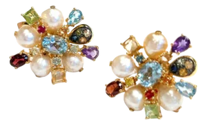 Bochic "Orient" Vintage Retro Multi Gem Burst Earrings Set 18K Gold & Silver