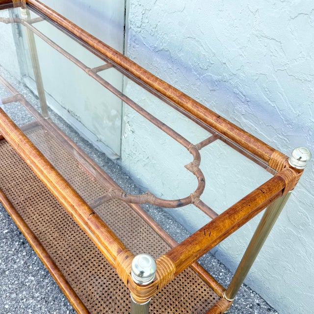 Palm Beach Chic Rattan Cane and Gold Console Table For Sale - Image 4 of 9