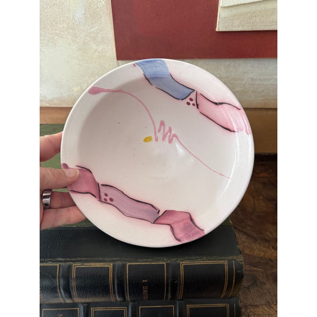 Vintage Studio Pottery Bowl 7.5 Inch Wheel Thrown Hand Painted Abstract Pink and Blue Ceramic For Sale - Image 4 of 9