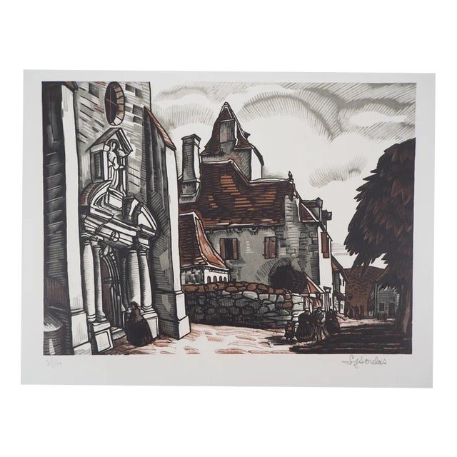 Louis Soulas, Dordogne, The Place at Domme, 1928, Original Signed Woodcut For Sale