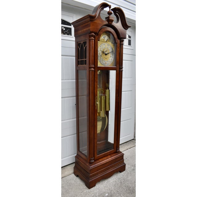 1980s Ridgeway Cherry Grandfather Clock Vintage Brass Dial Moving Moon Phase Windsor For Sale - Image 5 of 18