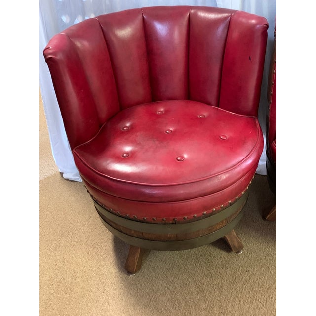 1970s Set of 4 Vintage 1970s Whiskey Barrel Chairs | Red Vinyl For Sale - Image 5 of 12