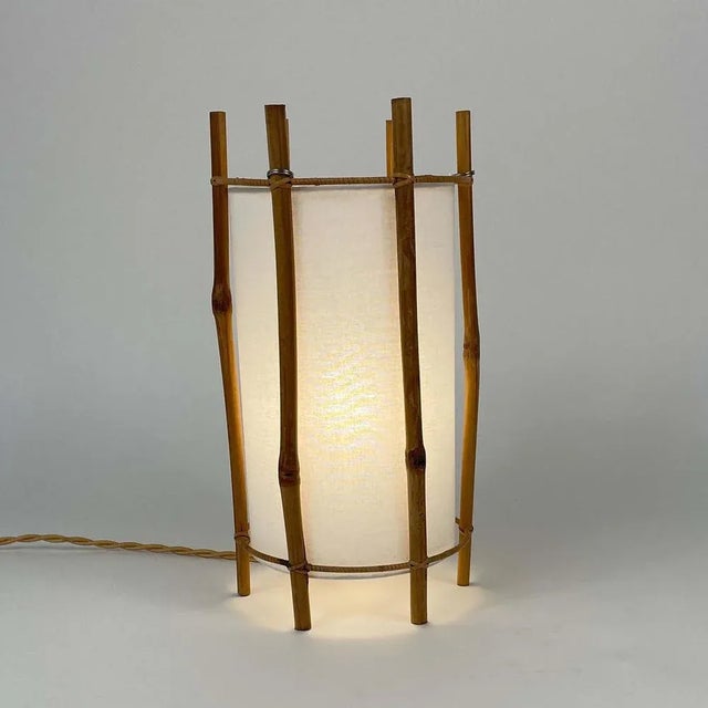 Bamboo & White Linen Table Lamp attributed to Louis Sognot, France, 1950s For Sale - Image 3 of 13