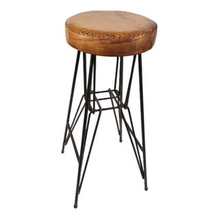 Vintage Industrial Metal Stool with Leather Seat, 1960s For Sale