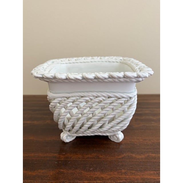 1960s French Country Trompe l'Oeil Porcelain Rope Basket Cachepot For Sale - Image 5 of 8