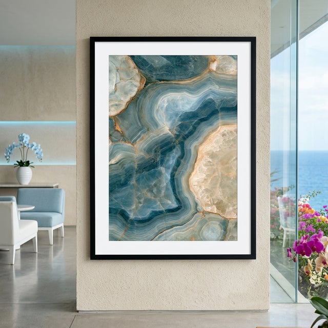 A mesmerizing abstract mineral formation, layered in deep teal and icy blue, with translucent crystalline textures,...