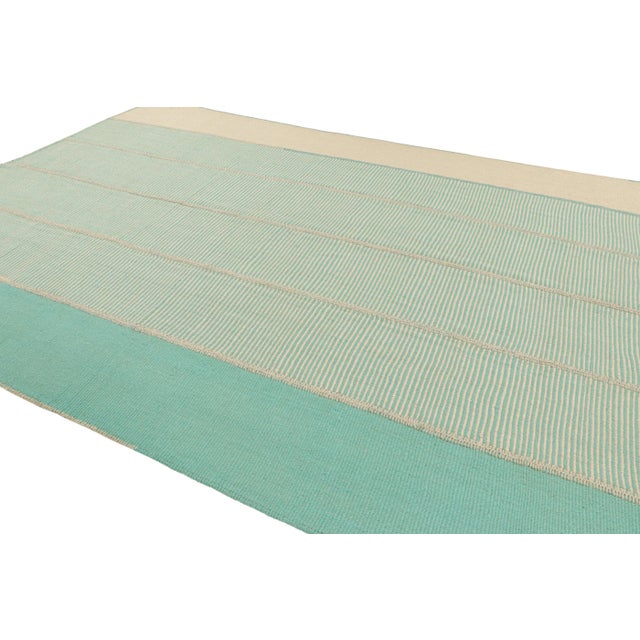 Rug & Kilim Rug & Kilim’s Contemporary Kilim in Blue and Beige Geometric Stripes For Sale - Image 4 of 8