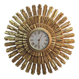Circa 1969 Syroco Sculptural Gold Starburst Wall Clock For Sale