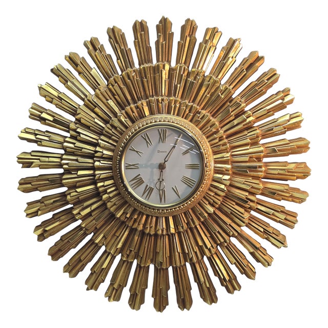 Circa 1969 Syroco Sculptural Gold Starburst Wall Clock For Sale