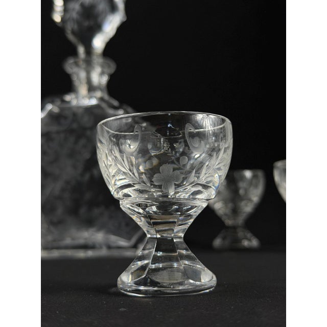Vintage Art Deco Cut Crystal Decanter and Six Cordial Glasses, 1930s, Set of 7 For Sale - Image 14 of 17