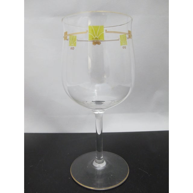 MCM Mid Century Modern Gold & Green Enamel Crystal Wine Glass Goblet Pair For Sale In Portland, OR - Image 6 of 8