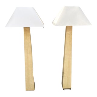 Two Vintage 80's J. Robert Scott Tiger Maple and Brass 69.5" Floor Lamps With Shades For Sale