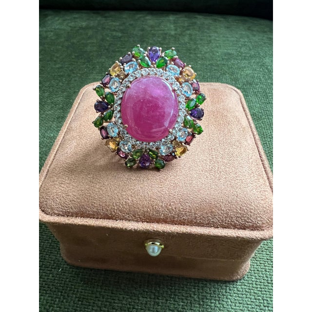 Bochic “Orient” Vintage Ruby, Sapphire & Multi Gem Ring - 18K Gold & Silver Natural Oval Ruby 15.50 carats Natural Multi-...
