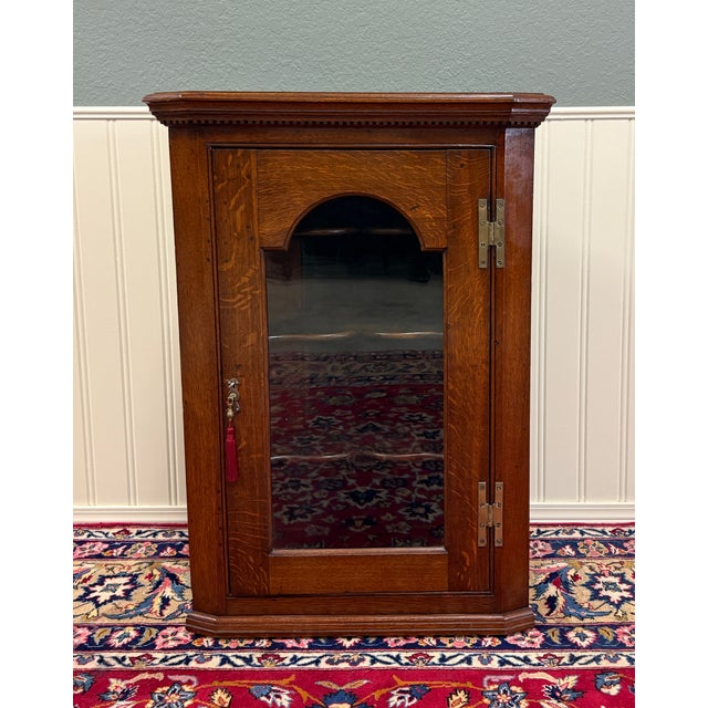 Antique English Corner Cabinet Carved Oak Hanging Wall Cabinet Storage c.1920s For Sale In Dallas - Image 6 of 18
