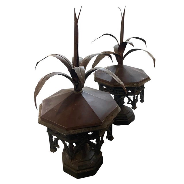 Metal Pair of Vintage Neoclassical Cast Iron & Copper Architectural Finials With Wrought Botanical Agave Crests For Sale - Image 7 of 12