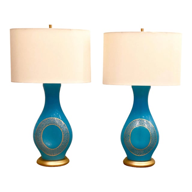 Vintage Mid 20th Century Aqua Murano Glass Lamps - a Pair For Sale