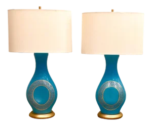 Vintage Mid 20th Century Aqua Murano Glass Lamps - a Pair