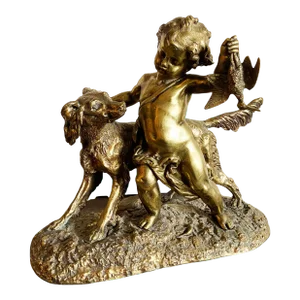 Antique Bronze Figurine the Hunting Dog and the Cherub