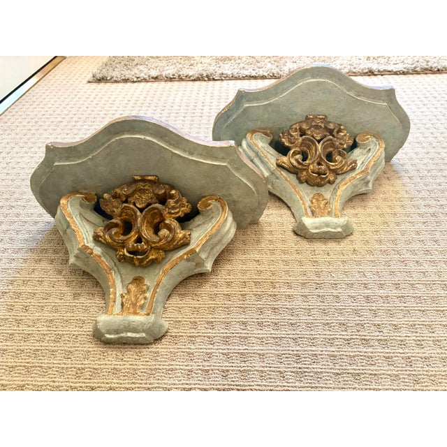 Large Vintage Gilt and Celadon Wall Brackets - A Pair For Sale - Image 10 of 11