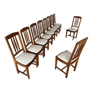 Impressive Swiss French Walnut Dining Chairs - Set of 10 Part of Matching Table Set For Sale