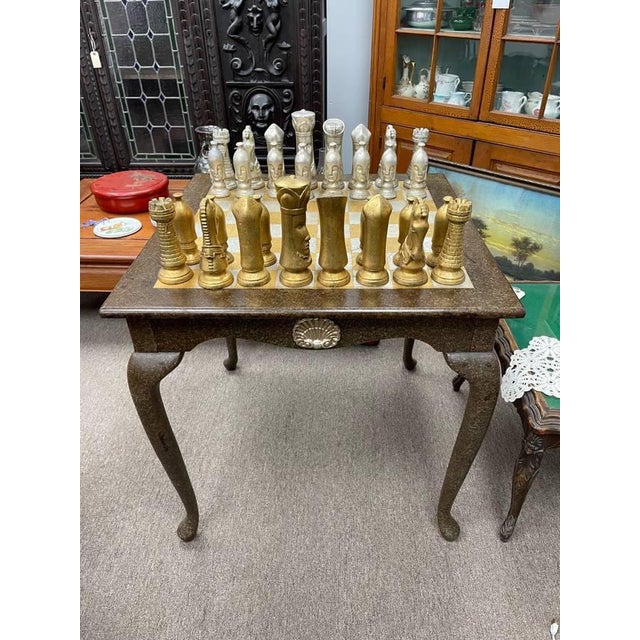 American Vintage Style Chess Board Game Table, With 32 Matching Pieces, Silver Leaf + Gold Leaf For Sale - Image 3 of 9
